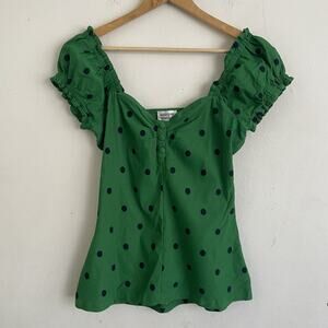 Unique Vintage Green Polka Dot Puff Sleeve Blouse Size 10/12 Retro Pinup Style